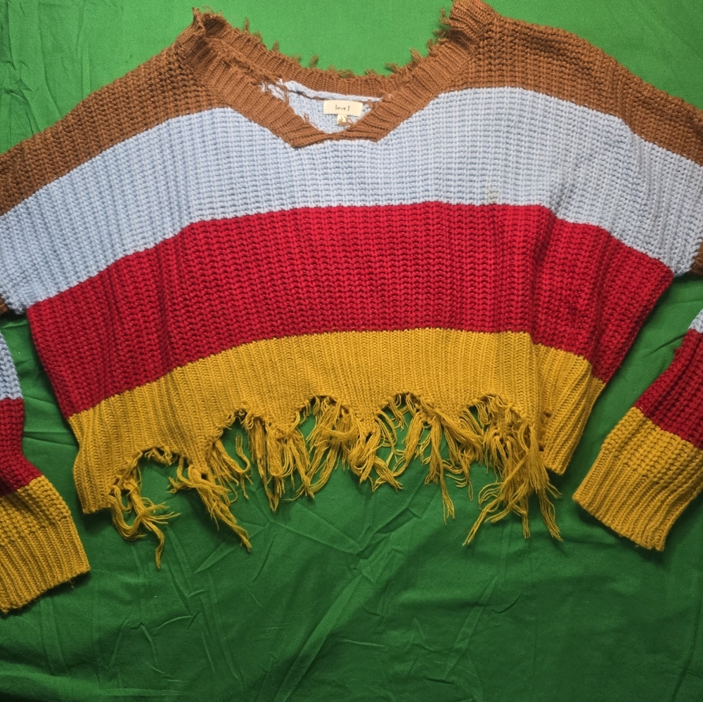 Knit Cropped Red Yellow Brown Blue Fringe Hem Sweater Size Large - Picture 2 of 6